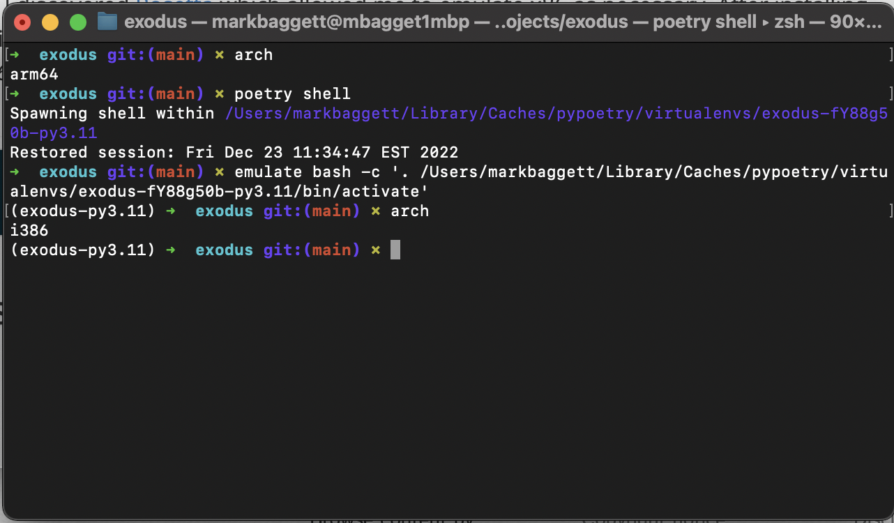 Image Showing What Happens When You Execute a Poetry Shell Installed in Another Architecture